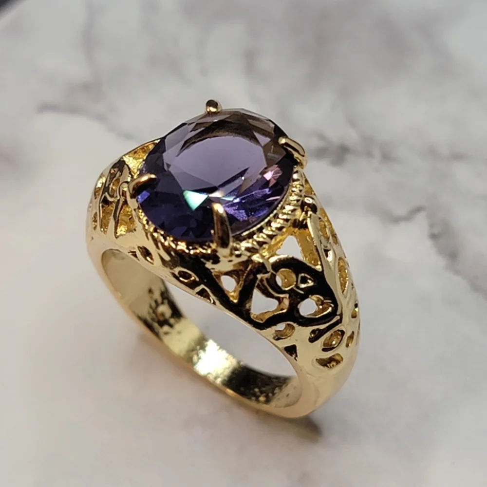 Gold Tone Simulated Purple Gemstone Butterfly Filigree Ring